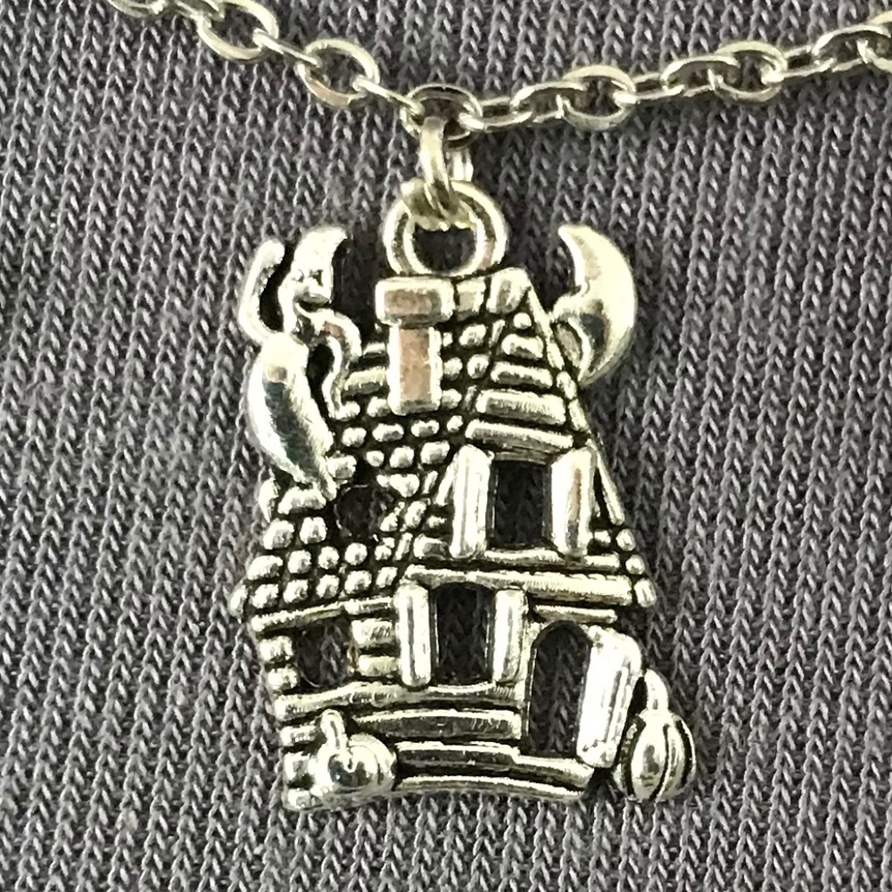 “All Hallows Eve" Handmade Silver Halloween Charm Necklace Haunted House Pumpkin - Picture 3 of 15